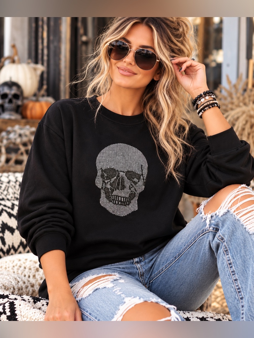Philosophy Republic Clothing Rhinestone Skull Sweatshirt Black M NWT